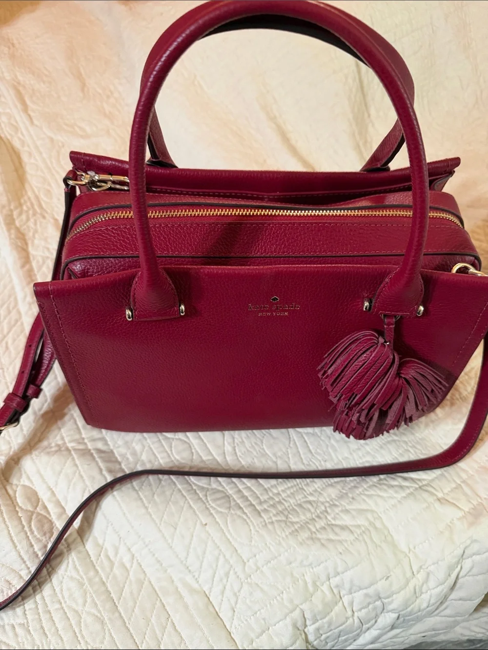 kate spade Berry Red Pebbled Leather Satchel with Tassel. NWT